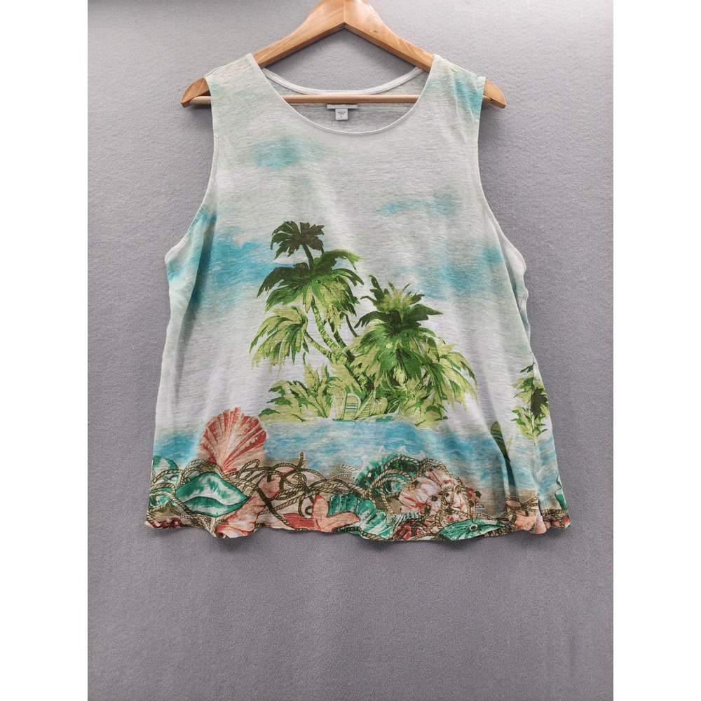J. Jill Love Linen Tropical Beach Palm Tree Tank Top Large Blue Green Seashells